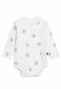 Långärmad bodysuit i vit bomull med ett rosa solmönster, med en omslagdesign och tryckknappar framtill och i botten.