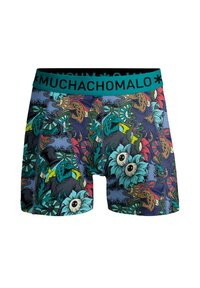 Colorful boxers featuring a dark background with vibrant floral and animal patterns. The waistband is teal with "MUCHACHOMALO" in black.