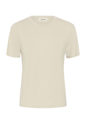 Plain beige short-sleeve crew neck t-shirt with a small "soaked" label on the inside neckline, displayed on a white background.