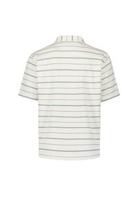 Kortebloemig shirt in het wit met dunne groene strepen, voorzien van een klassieke kraag en een textuurstof. De achterzijde toont een horizontaal streepjespatroon.