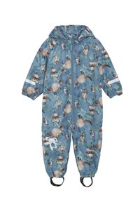 Blå regndräkt med heltäckande djurmönster, utrustad med elastiska ärmslut, huva, framdragkedja och benremmar för säker passform.