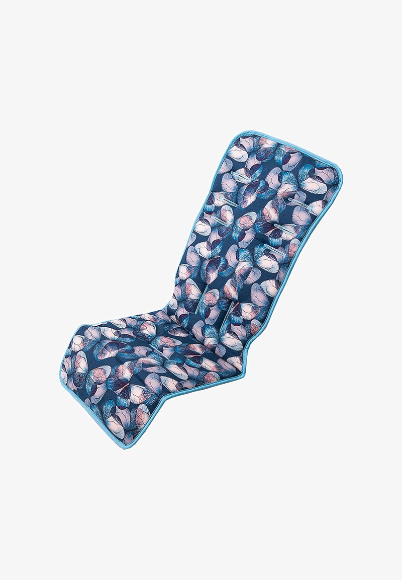 Niebiesko-różowa poduszka wypoczynkowa w kwiatowy wzór z konturowym kształtem, wyściełanym materiałem i kontrastowym niebieskim wykończeniem wzdłuż krawędzi.