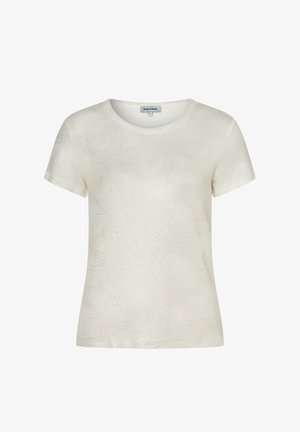 Short-sleeve cream top with subtle textured swirl pattern, round neckline, and a straight hem.