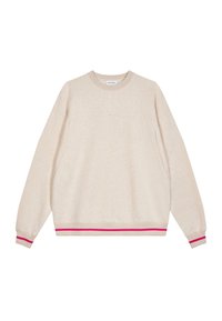 Beige pulóver hosszú ujjakkal, kerek nyakkivágással és texturált anyaggal. Rózsaszín és sötét rózsaszín csíkos díszítésekkel rendelkezik az alján és az ujjak mandzsettáján.