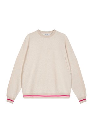 Beige sweatshirt med lange ærmer, rund halsudskæring og et tekstureret stof. Har pink og mørk pink stribede detaljer ved kanten og ærmerne.