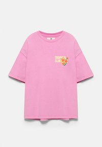 Pink short-sleeve t-shirt with "Tropical Club" text and orange hibiscus flower graphic on the left chest side.