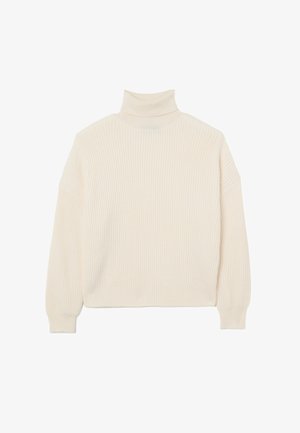 Crèmekleurige coltrui met een ribbeltextuur, een losse pasvorm en verlaagde schoudernaden. Heeft lange mouwen en een hoge halslijn.