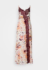 Maxikleid aus leichtem Stoff mit mehrfarbigem Blumenmuster, verziert mit einem bordeauxfarbenen Spitzenbesatz entlang der Vorderseite und dünnen Spaghettiträgern.