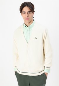 Cardigan crema con scollo a V, chiusura a bottone e accenti a righe verdi sui polsini. Indossato sopra una camicia a righe verde chiaro.