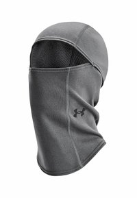 Gray balaclava made of soft material with stitched seams and a mesh interior. Features a small black logo on the front side.