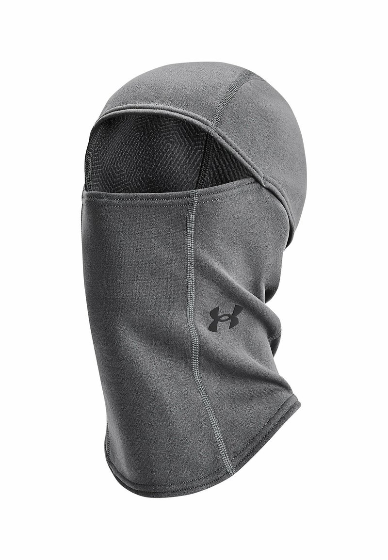 Gray balaclava made of soft material with stitched seams and a mesh interior. Features a small black logo on the front side.