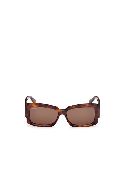 Brown tortoiseshell sunglasses with rectangular frames, featuring dark lenses and subtle branding on the left lens. Smooth texture.
