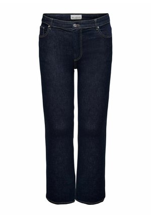 Jean en denim délavé foncé avec une coupe droite, des détails de couture visibles, une fermeture classique à boutons et des poches latérales.