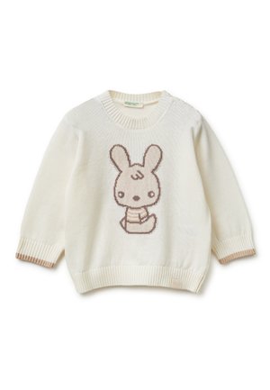 Crèmekleurige kindersweater met geribbelde manchetten en zoom, met een schattig bruinig cartoonkonijntje dat een gestreepte sjaal draagt.