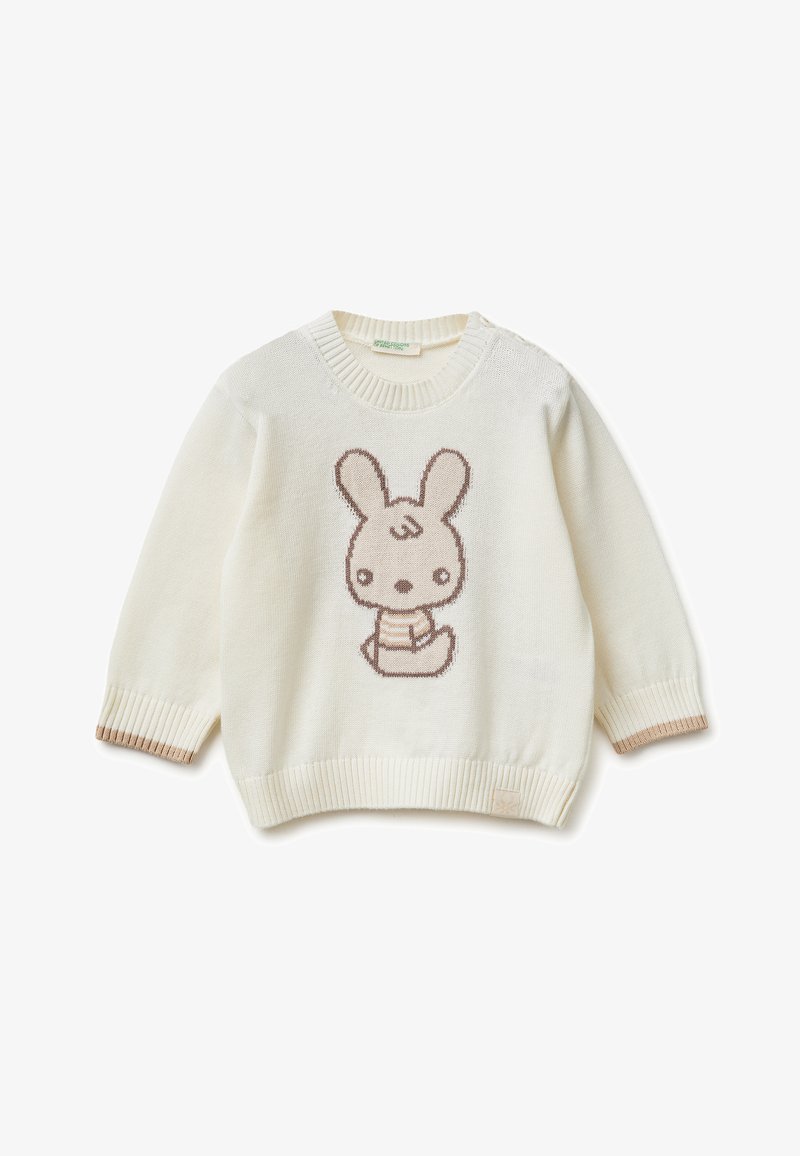 Cream-colored child’s sweater with ribbed cuffs and hem, featuring a cute brown cartoon bunny wearing a striped scarf.