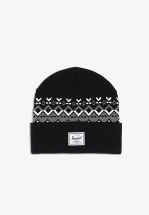 Zwarte gebreide beanie met een grijs en wit geometrisch patroon aan de bovenkant, met een omgevouwen boord en een klein Herschel-label aan de voorkant.