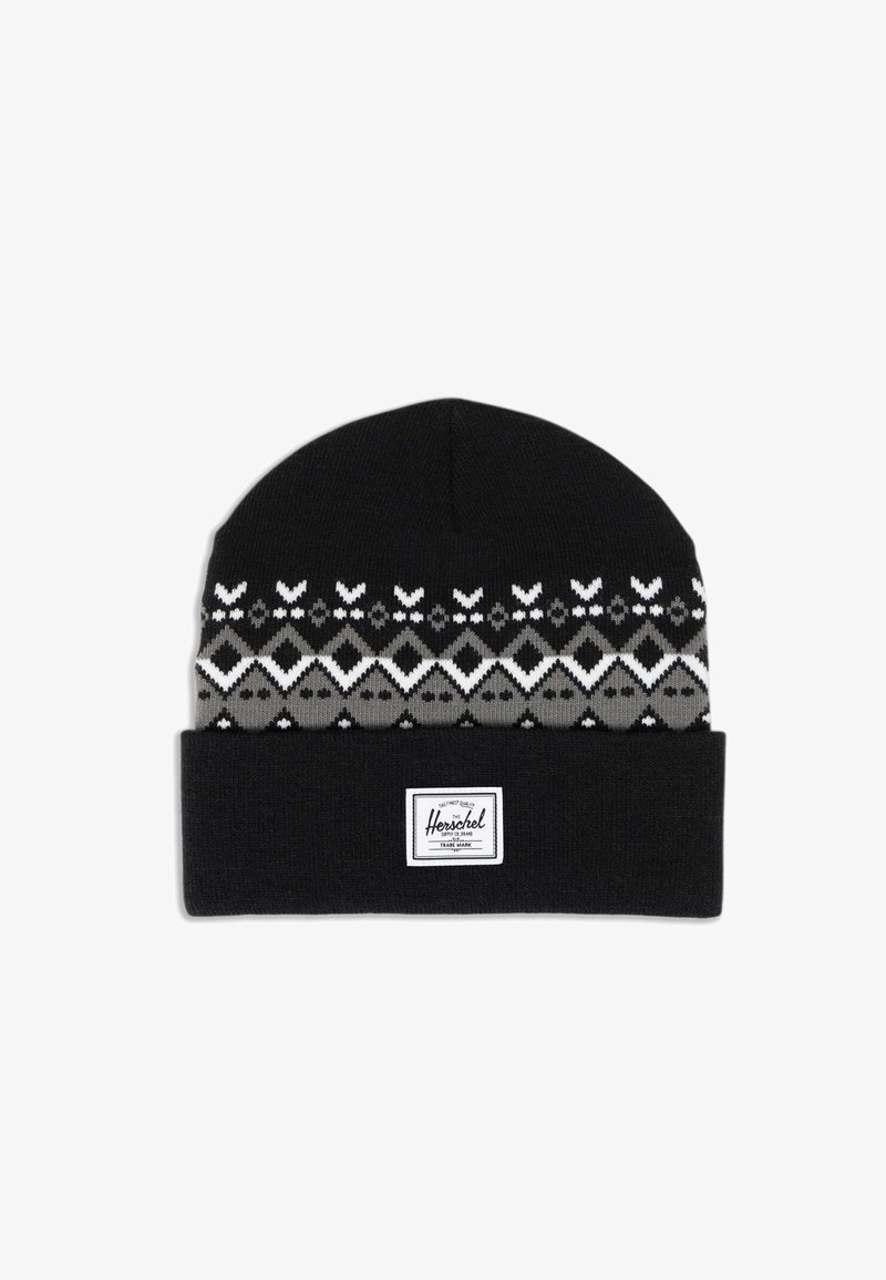 Crna pletena zimska kapa s sivim i bijelim geometrijskim uzorkom na vrhu, s preklopom i malom Herschel etiketom sprijeda.