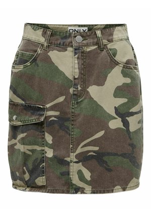 Camouflage-patterned denim skirt, green and brown tones, front buttons, side pocket with flap, fitted shape, and stitched hem.