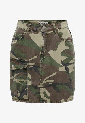 Camouflage-patterned denim skirt, green and brown tones, front buttons, side pocket with flap, fitted shape, and stitched hem.