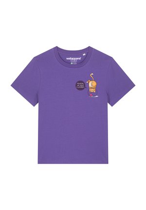 Paarse katoenen T-shirt met een hondenillustratie en een spraakballon met de tekst "Houston, we hebben een probleem." Korte mouwen, ronde hals.