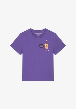 Paarse katoenen T-shirt met een hondenillustratie en een spraakballon met de tekst "Houston, we hebben een probleem." Korte mouwen, ronde hals.