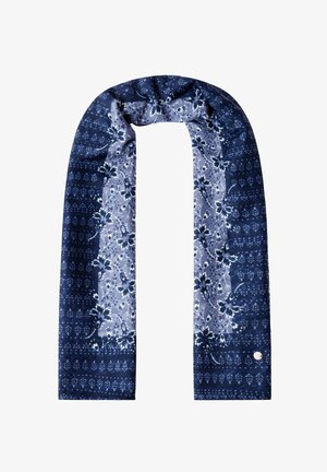 Langer blauer Schal mit dunklen floralen und geometrischen Mustern, locker zu einer Schlaufe gefaltet, vor weißem Hintergrund.
