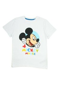 T-shirt blanc en coton avec un grand graphique imprimé de Mickey Mouse en noir, beige et bleu, accompagné d'un texte coloré indiquant "Mickey Mouse."