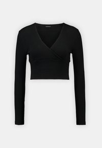 Schwarzes, geripptes Langarmoberteil mit V-Ausschnitt und Wickeldesign in cropped Länge, mit einer glatten Textur und figurnaher Silhouette.