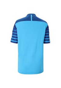 Bakvy av en kortärmad sporttröja i ljusblått med mörkblå axlar och randiga ärmar på en vit bakgrund.