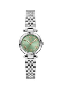 Orologio in metallo argento con quadrante tondo verde, numeri romani in oro rosa, dettagli in diamante e lunetta con texture. Bracciale in acciaio inox.