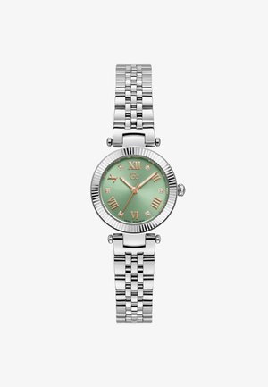 Hõbedane metallist käekell, millel on ümmargune roheline kellanägu, roosakaskuldsed rooma numbrid, teemantdetailid ja tekstureeritud raam. Roostevabast terasest käevõru.