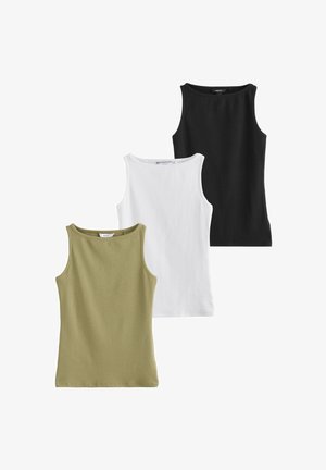 Tre ærmeløse tanktops med rund hals i sort, hvid og olivengrøn, arrangeret overlappende på en hvid baggrund.