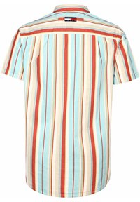 Koszula z krótkim rękawem, z pionowymi paskami w kolorze niebieskim, czerwonym, żółtym i kremowym. Bawełnowy materiał, klasyczny kołnierzyk i naszywka z logo z tyłu.