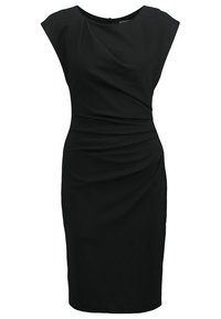 Mustapuku, jossa on lyhyet hihat, pyöreä kaula-aukko ja kerätty yksityiskohta vyötäröllä, valmistettu sileästä kankaasta.