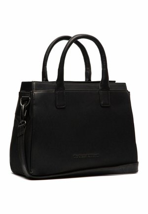 Borsa a mano in pelle nera con doppio manico, tracolla rimovibile, forma rettangolare, texture liscia e dettagli del logo discreti sul davanti.