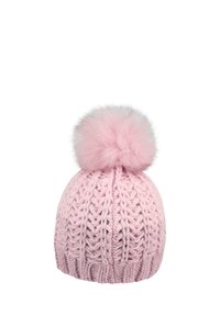 Pink knitted beanie hat with a large fluffy pom-pom on top, featuring a textured ribbed pattern.
