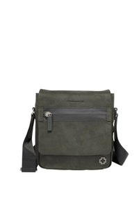 Zielona torba listonoszka wykonana z trwałego materiału, z przednią kieszenią na zamek, regulowanym paskiem oraz logo w dolnym prawym rogu.