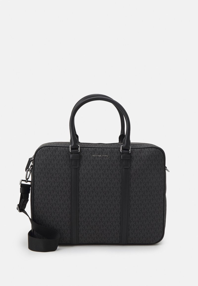Black synthetic laptop bag with double handles, adjustable shoulder strap, embossed logo, and patterned exterior. Features a zip closure.