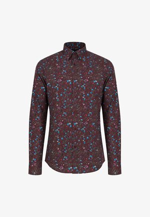 Męska koszula zapinana na guziki z długim rękawem w ciemnym burgundzie, z wielokolorowym wzorem kwiatowym z niebieskimi i różowymi kwiatami.