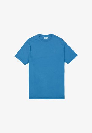 Blauwe katoenen T-shirt met korte mouwen, ronde halslijn en een klein logo-opdruk op de borst. Gladde textuur, casual pasvorm.