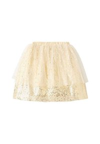 Jupe courte en tulle crème avec une partie inférieure ornée de sequins, présentant une taille élastique et un design superposé pour plus de texture.