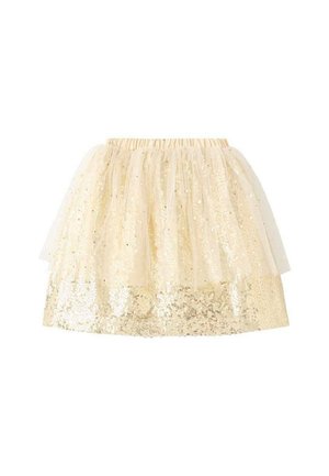 Jupe courte en tulle crème avec une partie inférieure ornée de sequins, présentant une taille élastique et un design superposé pour plus de texture.
