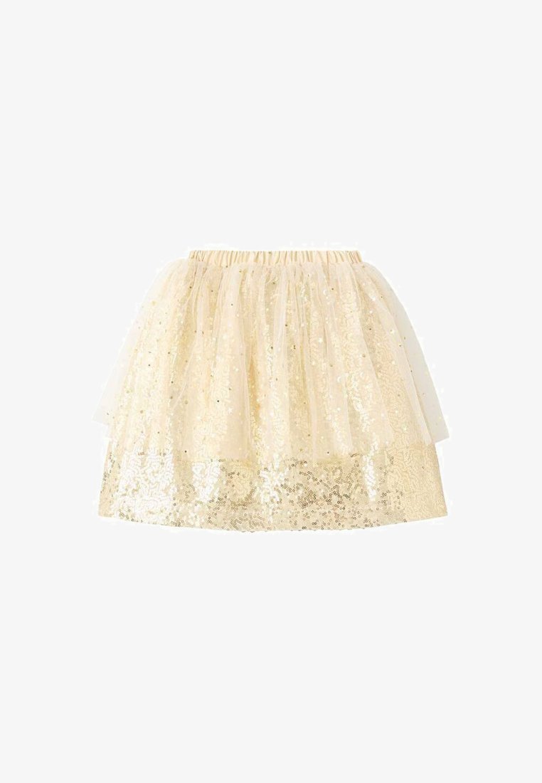 Fustă scurtă din tull crem, cu o porțiune inferioară strălucitoare, având un talie elastică și un design stratificat pentru o textură suplimentară.