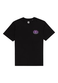 T-shirt en coton noir à manches courtes, encolure ronde et logo graphique violet sur la poitrine. Texture douce, coupe standard.