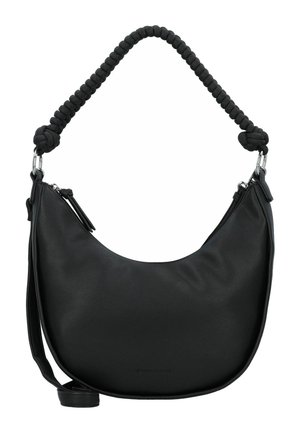 Sac à épaule en simili cuir noir avec une forme courbée, une poignée en tissu tressé, une fermeture éclair et un discret logo en relief.