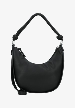 Bolso de hombro de cuero sintético negro con forma curva, asa de tela trenzada, cierre de cremallera y discreto detalle de logo en relieve.