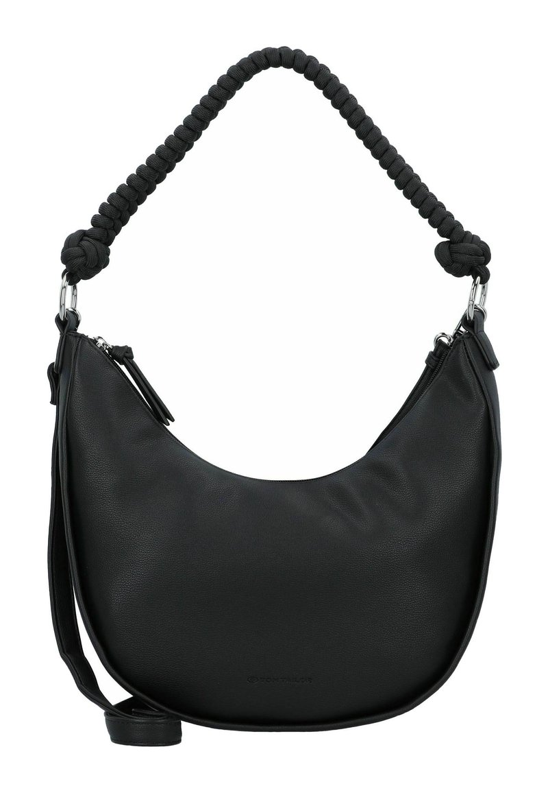 Borsa a spalla in ecopelle nera con forma curvata, manico in tessuto intrecciato, chiusura con zip e discreta dettaglio del logo impresso.