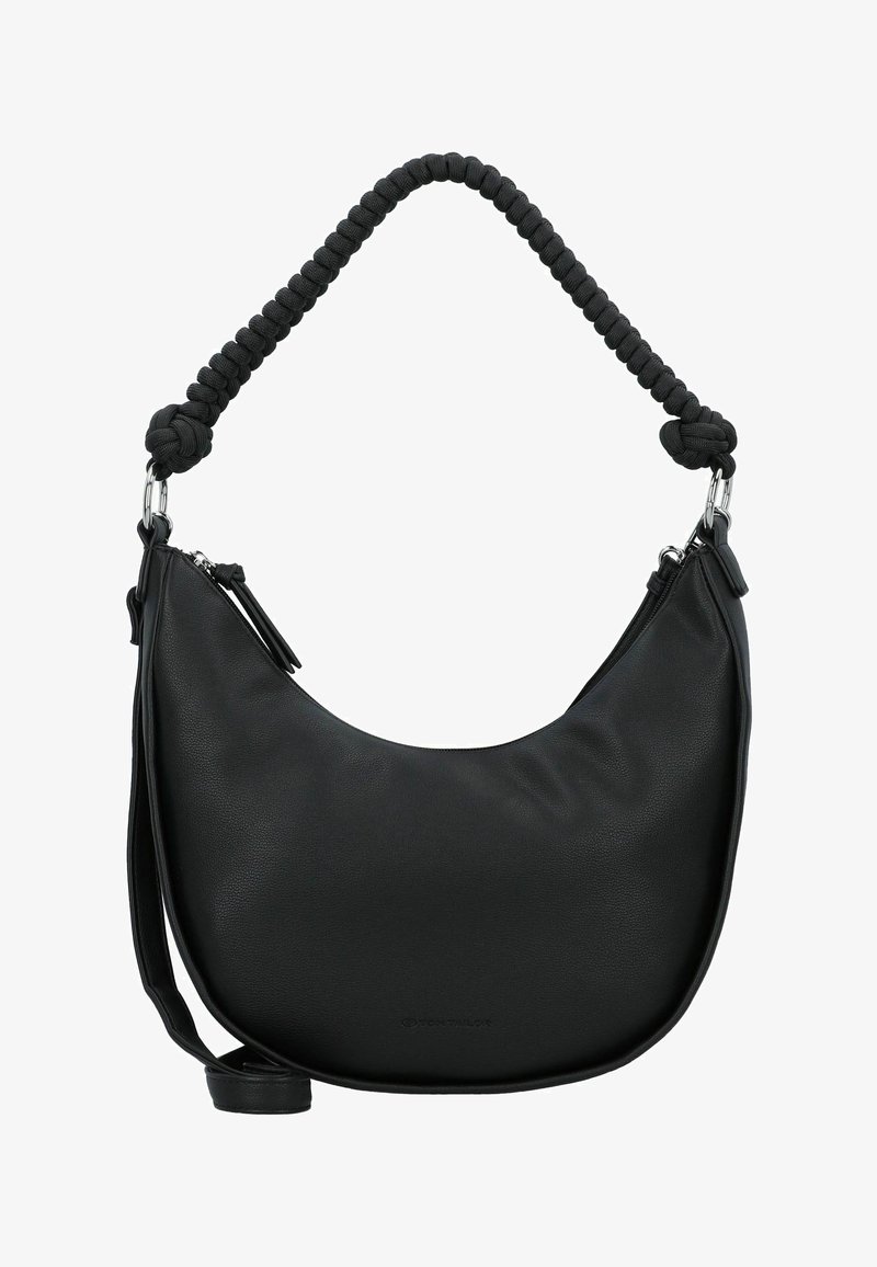 Zwarte neplederen schoudertas met een gebogen vorm, gevlochten stoffen handvat, ritsluiting en subtiele reliëflogo-detail.