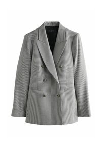 Grijze dubbelzijdige blazer met een klein ruitpatroon, met een puntrevers en vier knopen, plat weergegeven op een witte achtergrond.
