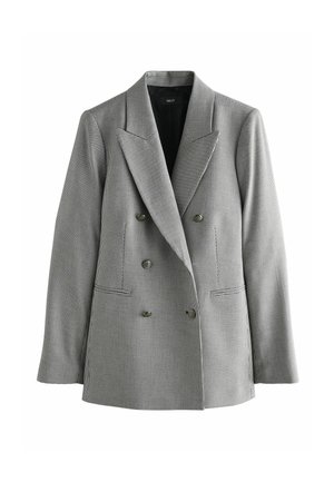 Grå dobbeltbreasted blazer med små tjekmønstre, med blå montrøse og fire knapper, vist fladt på en hvid baggrund.